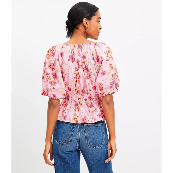 LOFT Womens Plus XXL Floral Pink Lily Gathered Waist V Neck Blouse Shirt Top - Picture 4 of 14